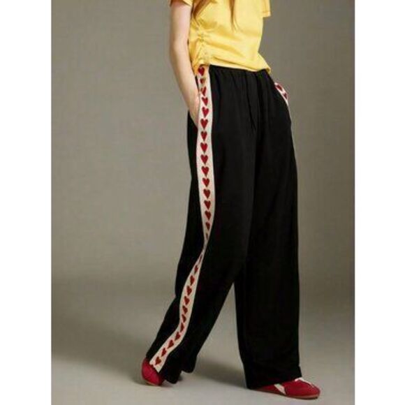 Pants - Black Preppy Women's High Waist Wide Leg Drawstring Sweatpants with Heart Belt